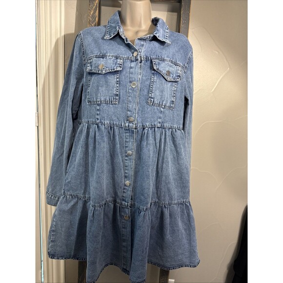 SHEIN Denim Dress Medium Snap Tiered Blue Cotton Long Sleeve Chambray - Picture 1 of 7